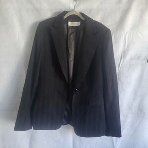 tahari women's blazer jacket black pinstripe‎ size 4 pockets shoulder padding